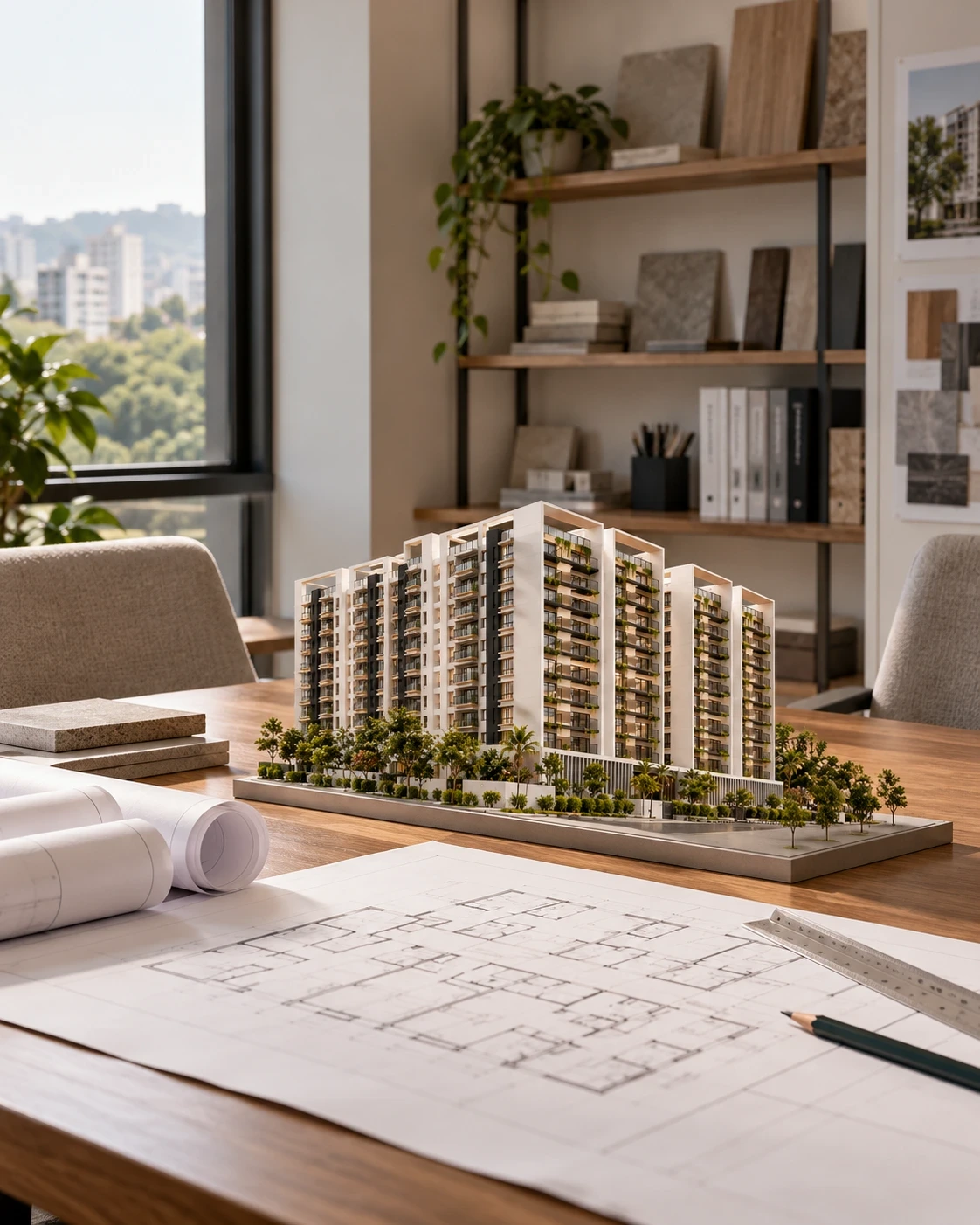 Illustrative design workspace with a DDN Bluebell architectural model and drawings