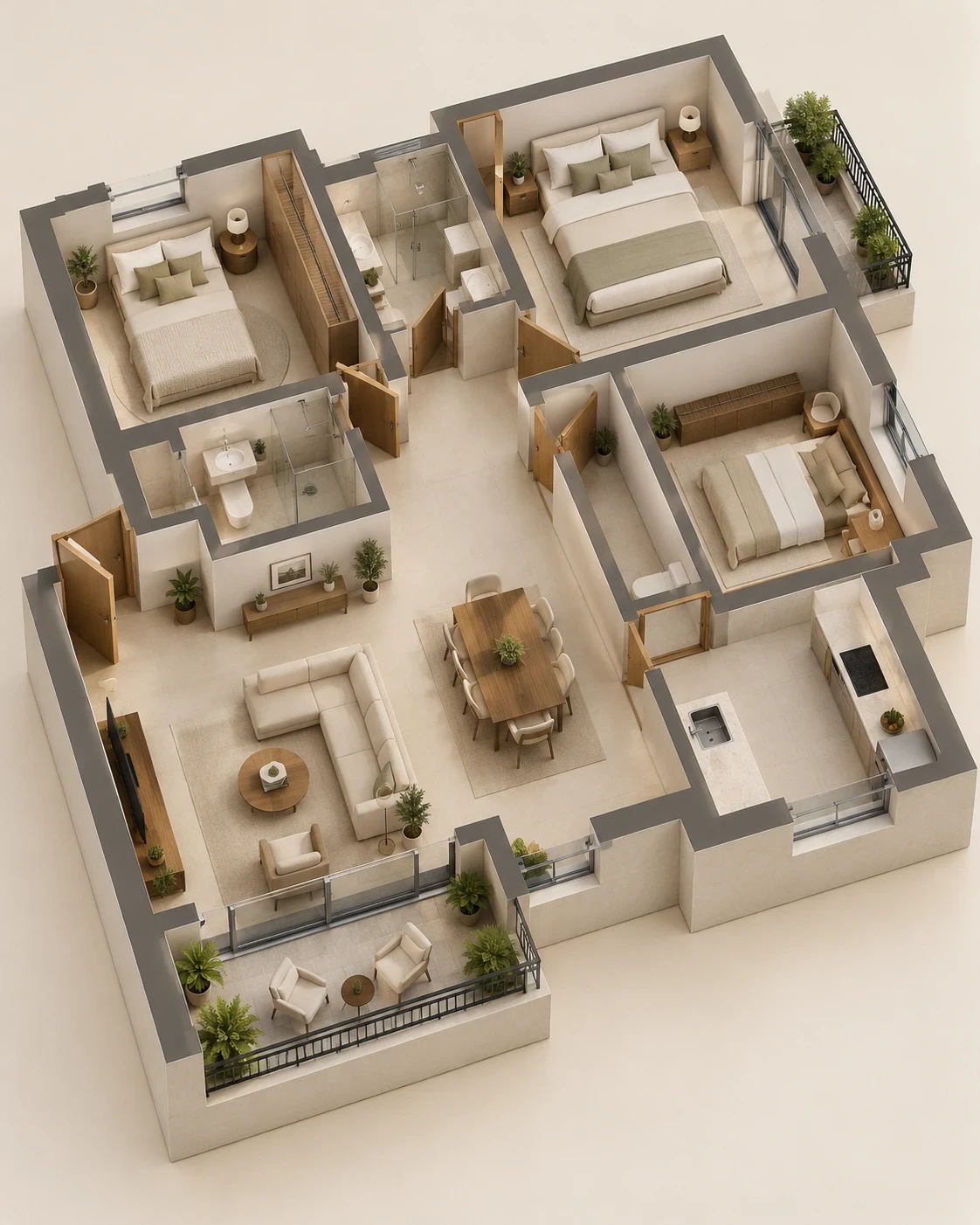 General apartment cutaway showing its complete footprint, walls and balconies; illustrative concept